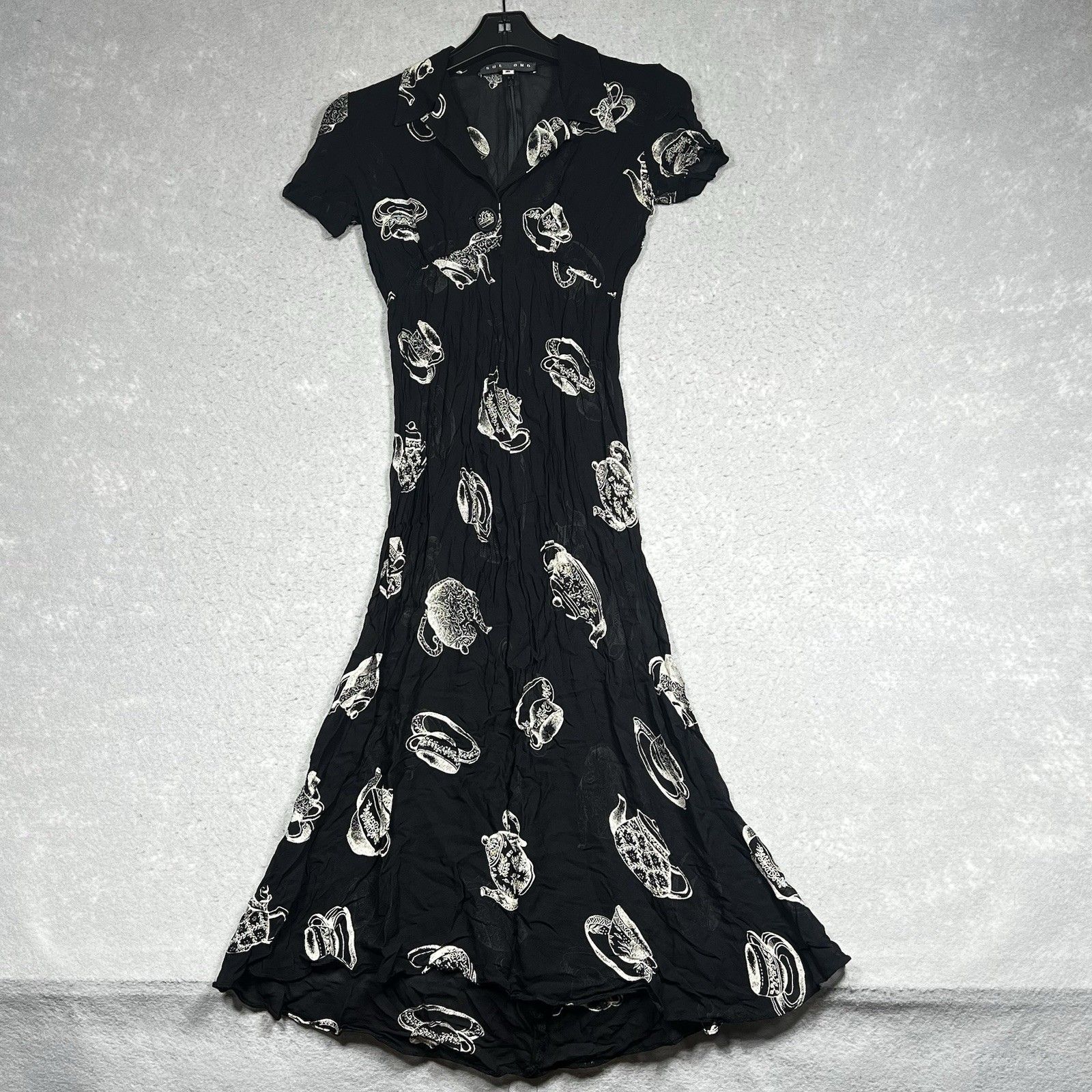 Sue Wong Silk Dress Featuring A White Novelty Teapot And Cup Graphic Print Sz S